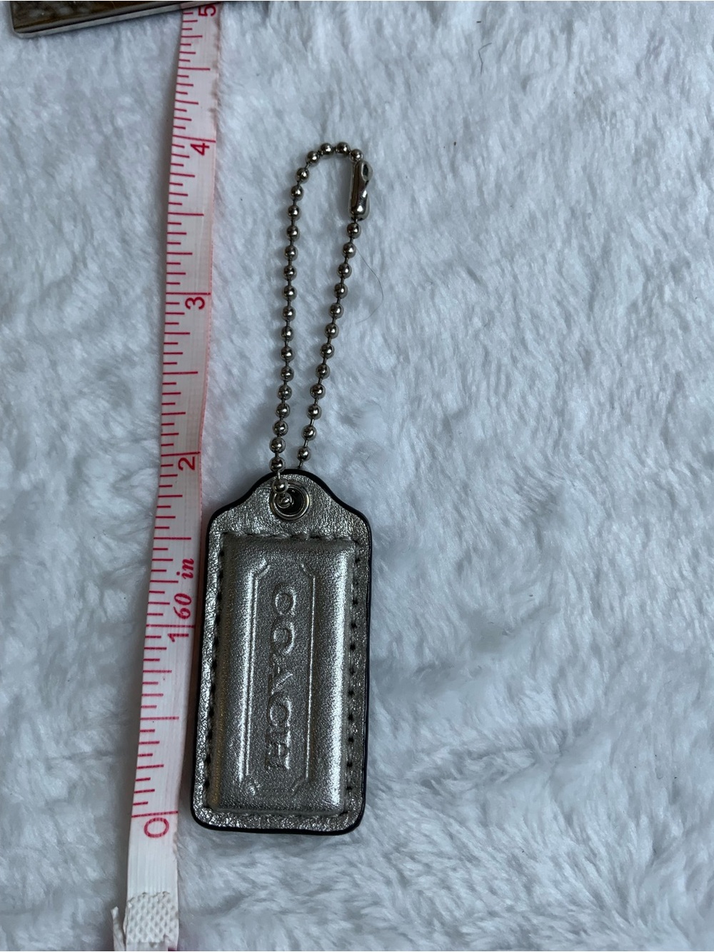 COACH Silver Metallic Leather Key Tag with Ball Chain